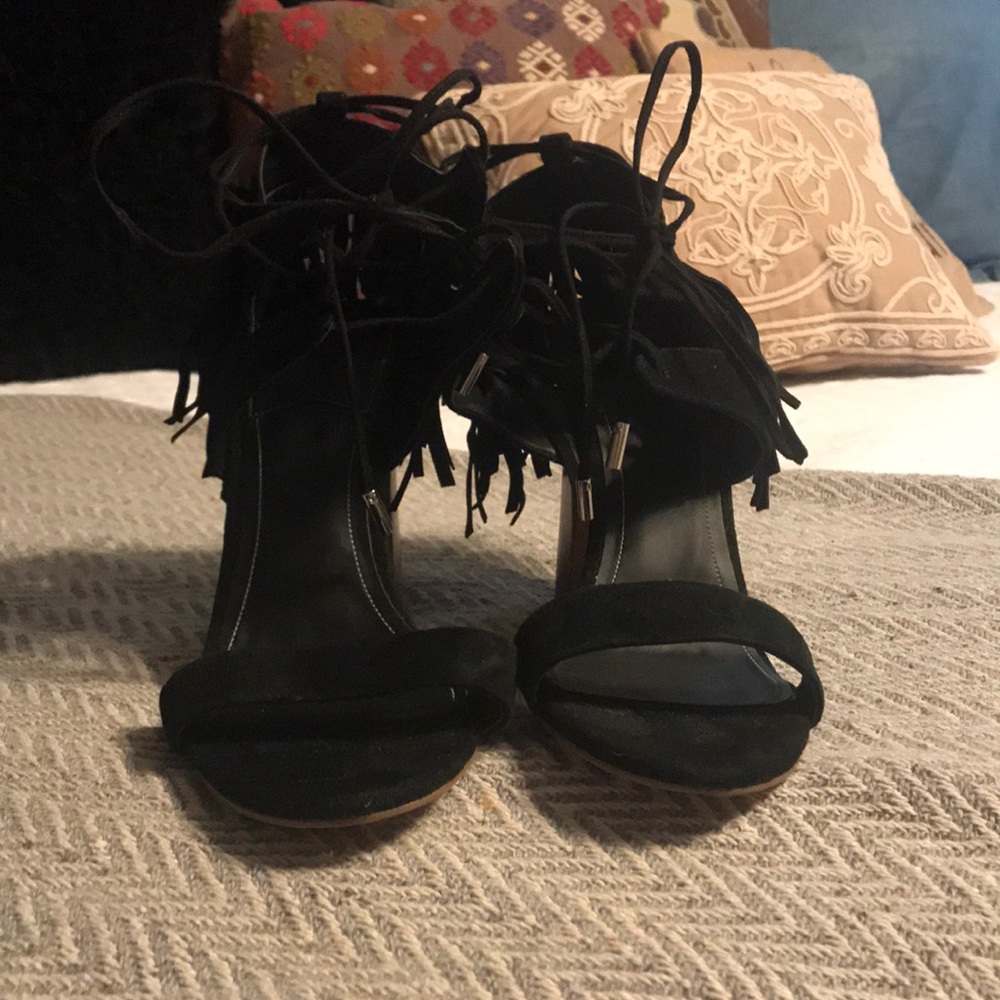 Kendall + Kylie Black Suede Fringe Lace-Up Heels